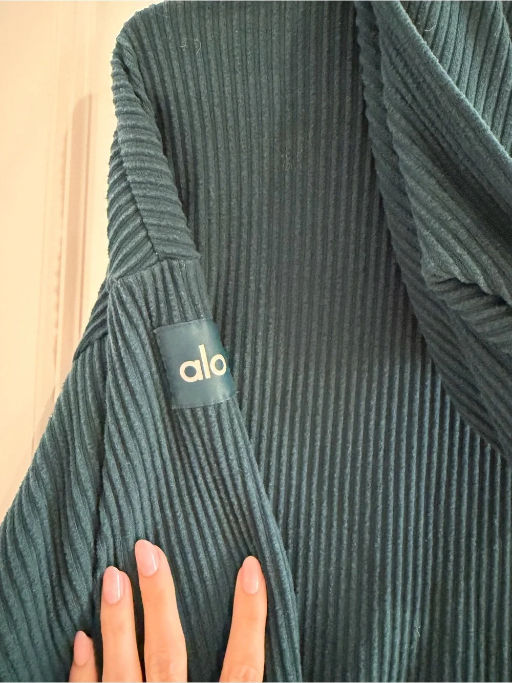 Alo Crop Ribbed Hoodie in Midnight Green
